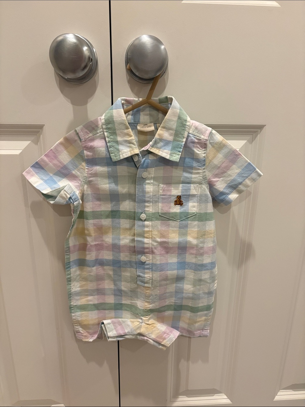 NWT - GAP Baby Pastel Plaid Button-Front Short Sleeve Romper & Bucket Hat Set